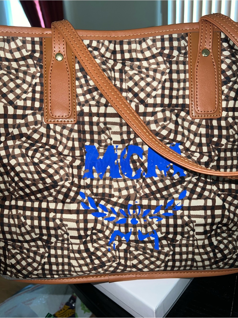 Brown Patterned Canvas Tote with Purple Logo